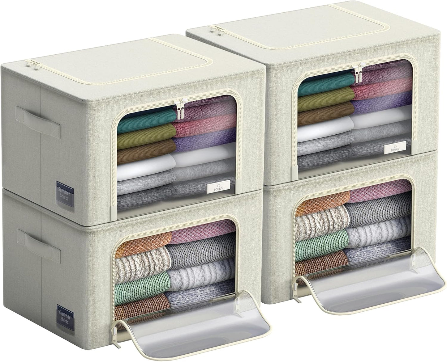 Sorbus Storage Bins with Metal Frame - Stackable & Foldable Clothes Organizer Bags - Oxford Fabric Storage Containers with Large Clear Window & Carry Handles Organization for Bedding Linen & Clothing