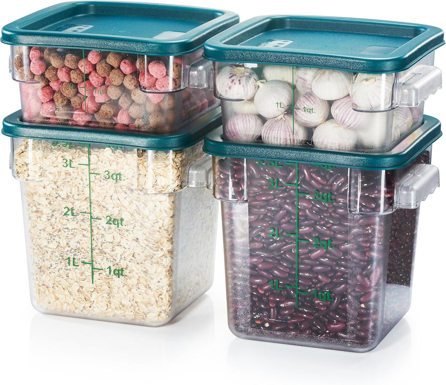 CURTA 4-Pack Food Storage Containers with Green Lids - 2 Qt & 4 Qt Square Clear Polycarbonate - NSF Listed, Commercial Grade, Freezer & Dishwasher Safe, Stackable