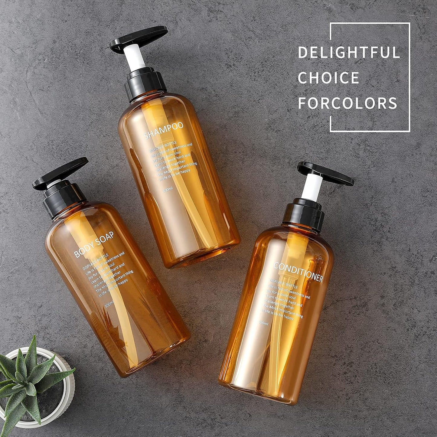 3 Pack Shampoo Bottle Pump Dispenser, 500ml Empty Plastic Soap Dispenser Bottle with Pump for Bathroom, Kitchen or Hotel, Refillable Dispenser for Lotion, Shower Gel and Conditioner (Amber-FBM)