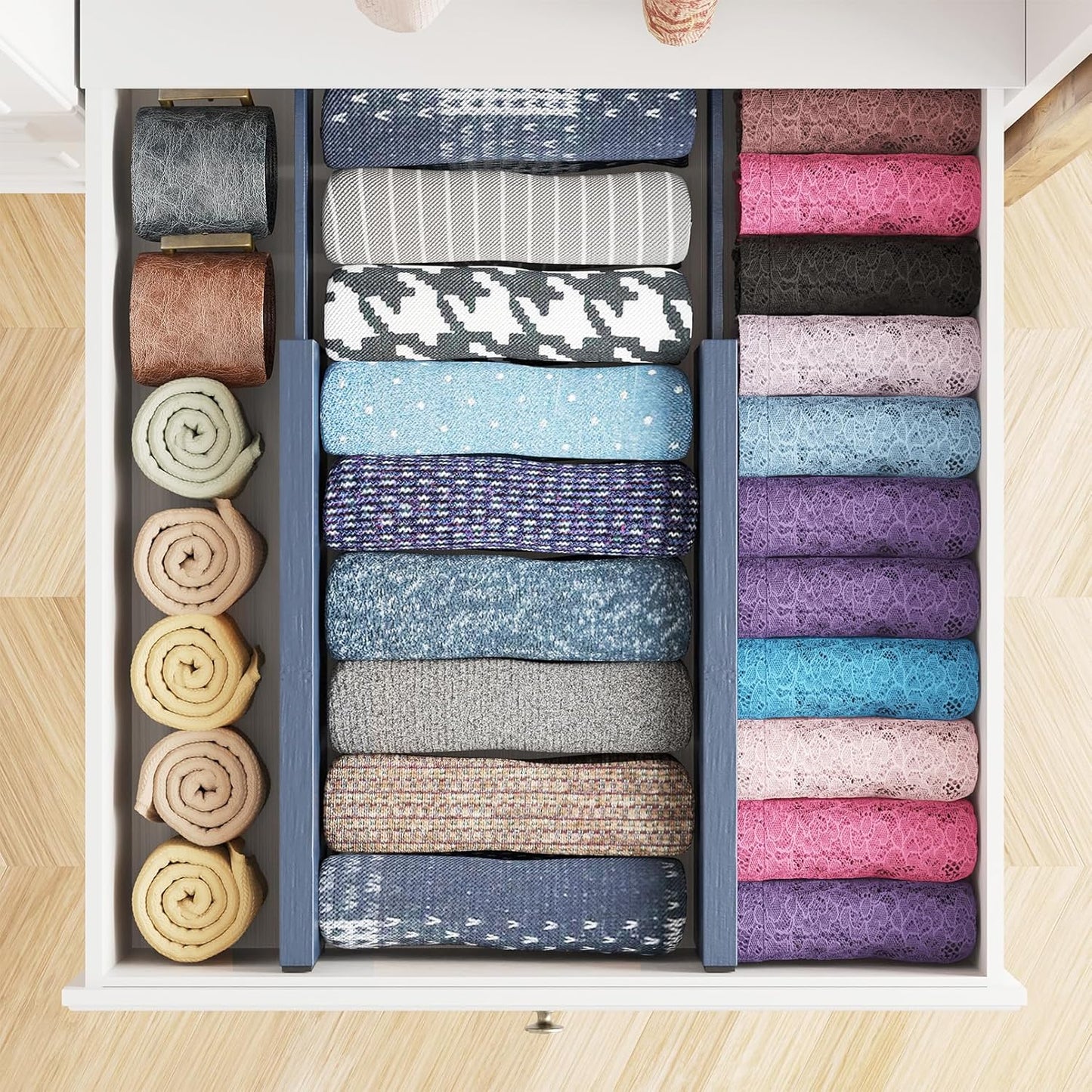 SpaceAid Bamboo 4 Pack Dresser Drawer Dividers, 4.65“ High Adjustable 12.5“-17” Drawer Organizers, Expandable Organization for Clothing, Clothes, Dressers, Navy Blue