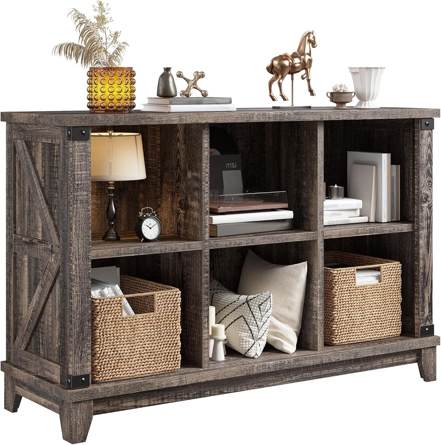 EnHomee 6 Cube Storage Organizer Bookshelf, Wood Cube Shelf Bookcase with Storage, Bookshelf for Living Room and Bedroom,Black Oak