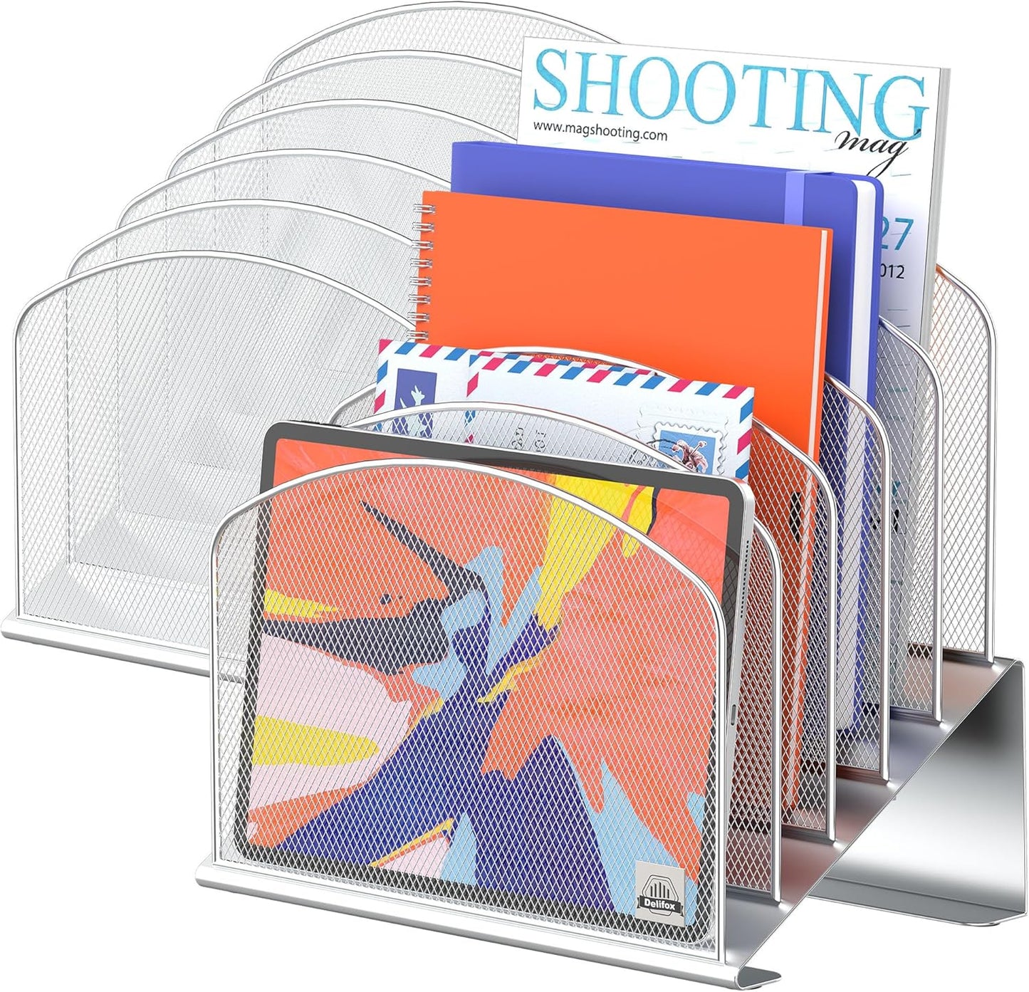 Inclined Desk File Organizer, 5-Section Vertical File Folder Holder Stand Metal Rack File Sorter for Office Classroom Desktop Organization (Silver, 2Pack)