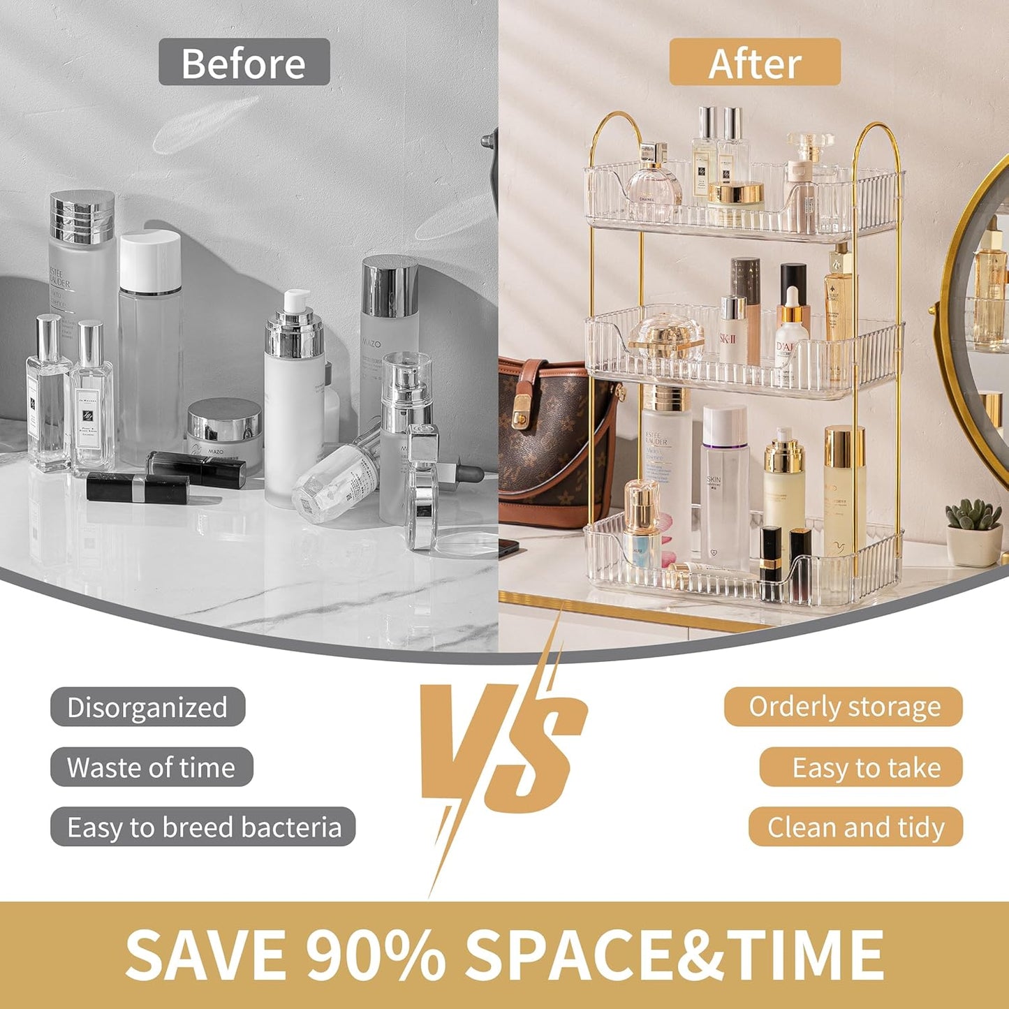 3 Tier Bathroom Organizer Countertop Makeup Perfume Tray Skincare Organizer for Bathroom Dresser Vanity (White)