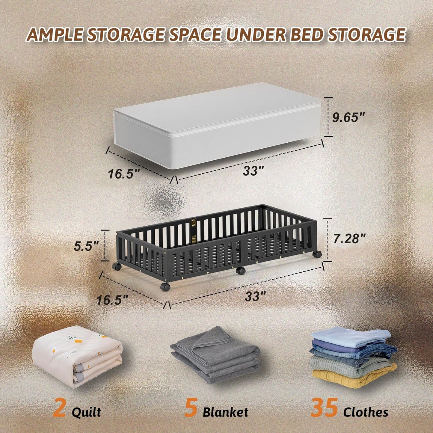 Bamboo Under Bed Storage Containers with Wheels, 1 Pack Large Under the Bed Shoe Storage Bins, Wood Rolling Underbed Drawers Organizer for Bedroom Closet Clothes Blanket Under Crib Toy Black