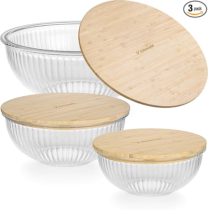 Stackable Space-Saving Nesting Set of 3 Glass Bowls with Bamboo Lids for Foodprep, Storage, Mixing & Cooking - Microwave & Oven Safe BPA Free Durable Heat Resistant Inert Borosilicate Glass