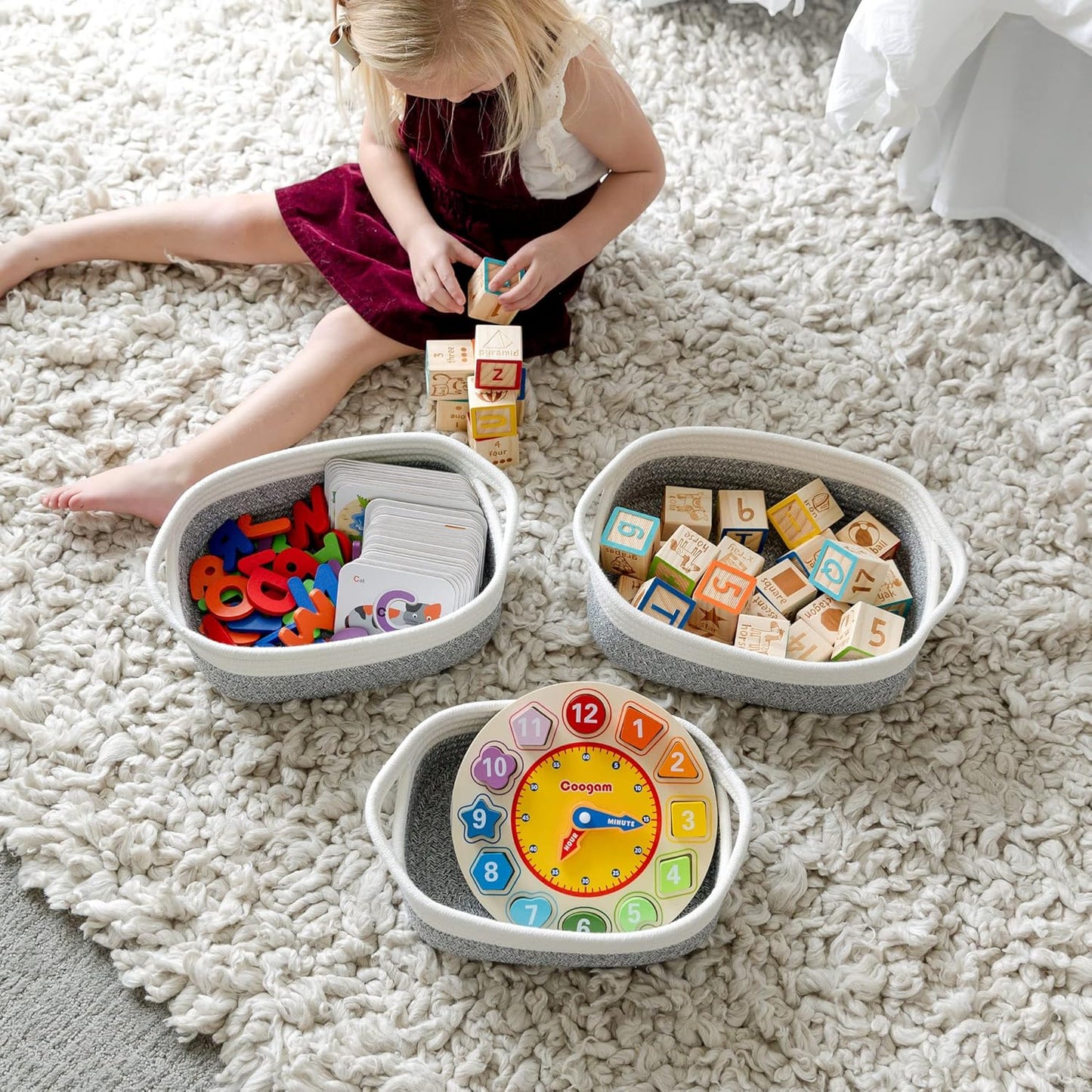 NaturalCozy 5-Piece Rectangle Storage Basket Set- Natural Cotton Rope Woven Baskets for Organizing! Small Basket for Montessori, Baby Nursery, Dog Toy Baskets, Cat Toy Box, Bathroom Organization Bin