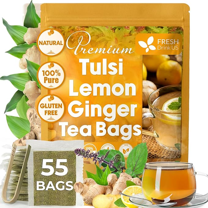 FreshDrinkUS, Premium 55 Tulsi Lemon Ginger Tea Bags, 100% Natural & Pure from Tulsi Holy Basil Leaves, Lemon and Ginger. Made with Natural Material Tea Bags. No Sugar, No Caffeine, Vegan.