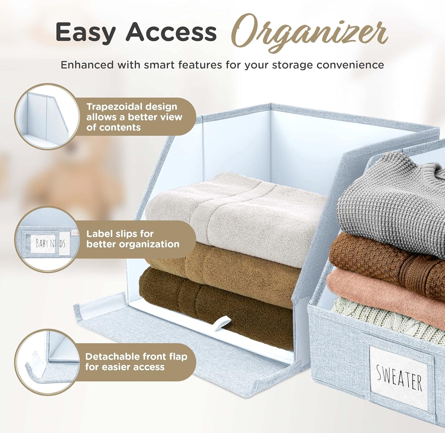 Trapezoid Storage Bins – 12"x12"x10"x 4" Closet Shelf Organizer & Baskets, Fabric Storage Baskets, Collapsible Organizer Boxes for Towels, Baby Clothes, Spring Wardrobes – Light Blue, 3 Pack