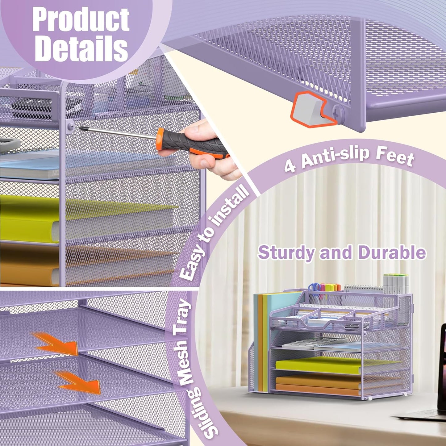 Docnest 4 Tier Mesh Desk Organizer with File Holder – Multi-Functional Paper Letter Tray with 5 Adjustable Compartments, 3 Pen Holders, Desktop Storage for Files, Mail, Stationery – Purple
