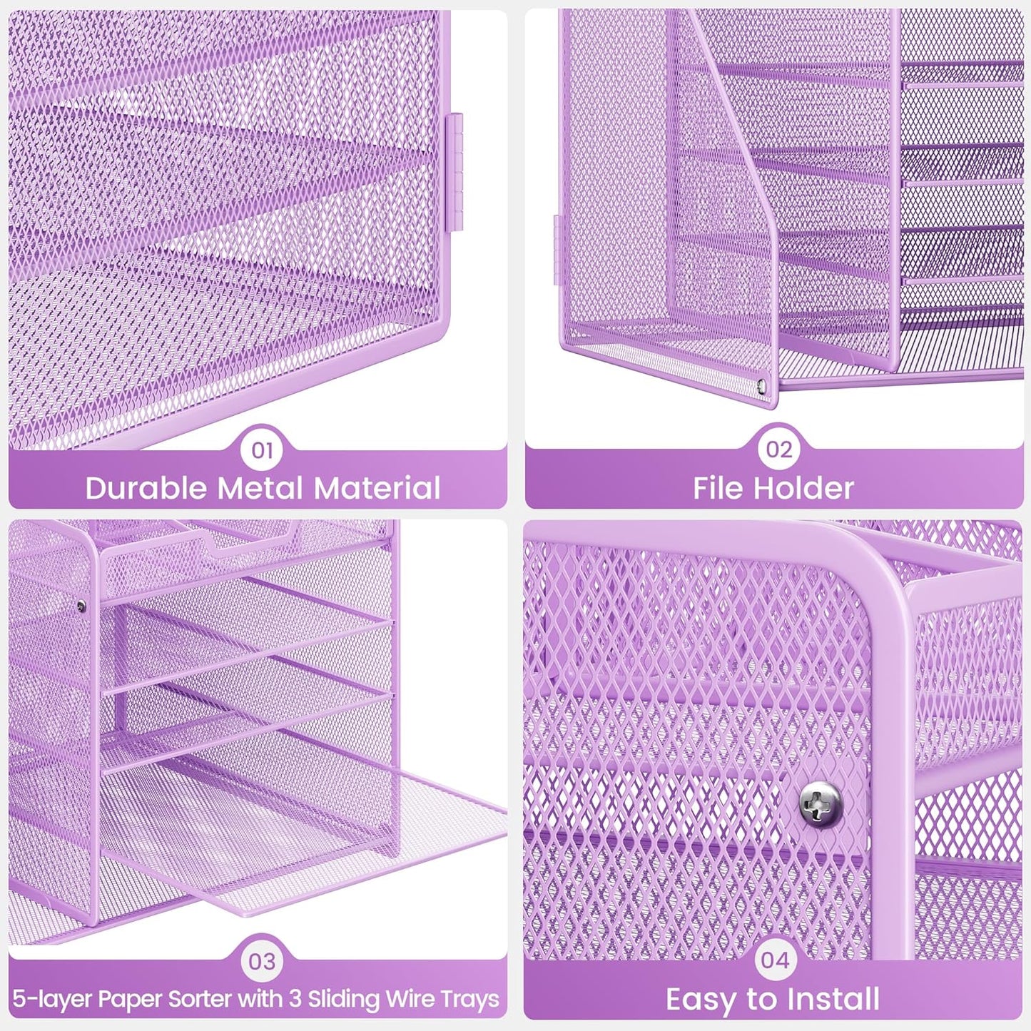 Lavatino 5-Tier Metal Mesh Desk Organizer with File Holder & 7 Customizable Compartments | Paper Letter Tray for Office or Home Desk Storage | Keep Workspace Supplies Neat & Organized, Purple