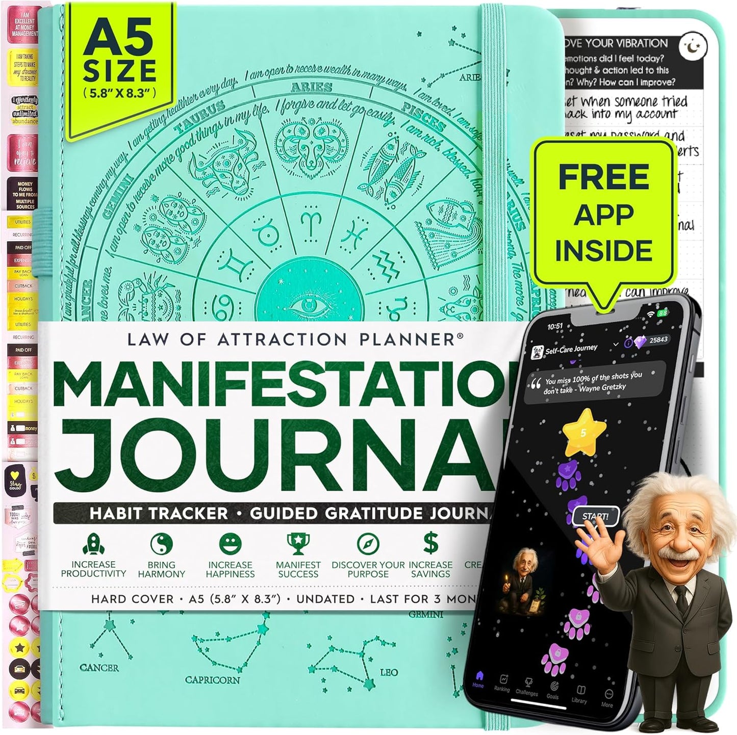 Manifestation Journal - 5 Minute Manifesting & Self Care Journal | 90-Day Undated Daily Planner for Positivity, Affirmations & Gratitude | Guided Mindfulness, Reflection | Vision Board + Stickers