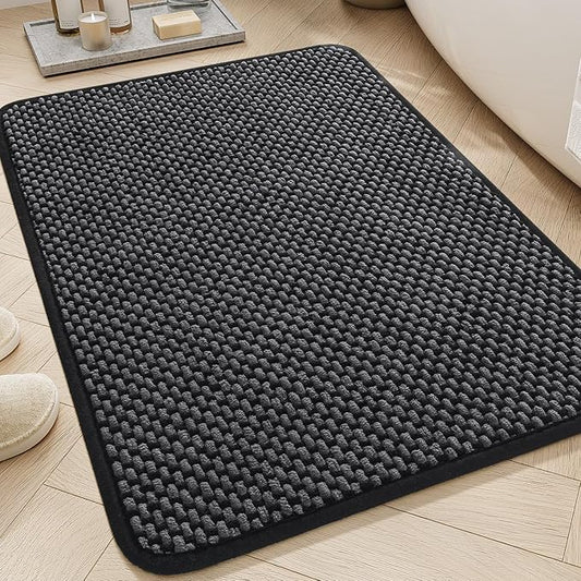 AMOAMI Chenille Bath Mat Super Absorbent Bathroom Mat Quick Dry Bath Mats for Bathroom Rubber Backed Bathroom Rugs Non Slip Washable Fit Under Door, Front of Bathtub, Sink, Darkgrey&Black 20"x32"