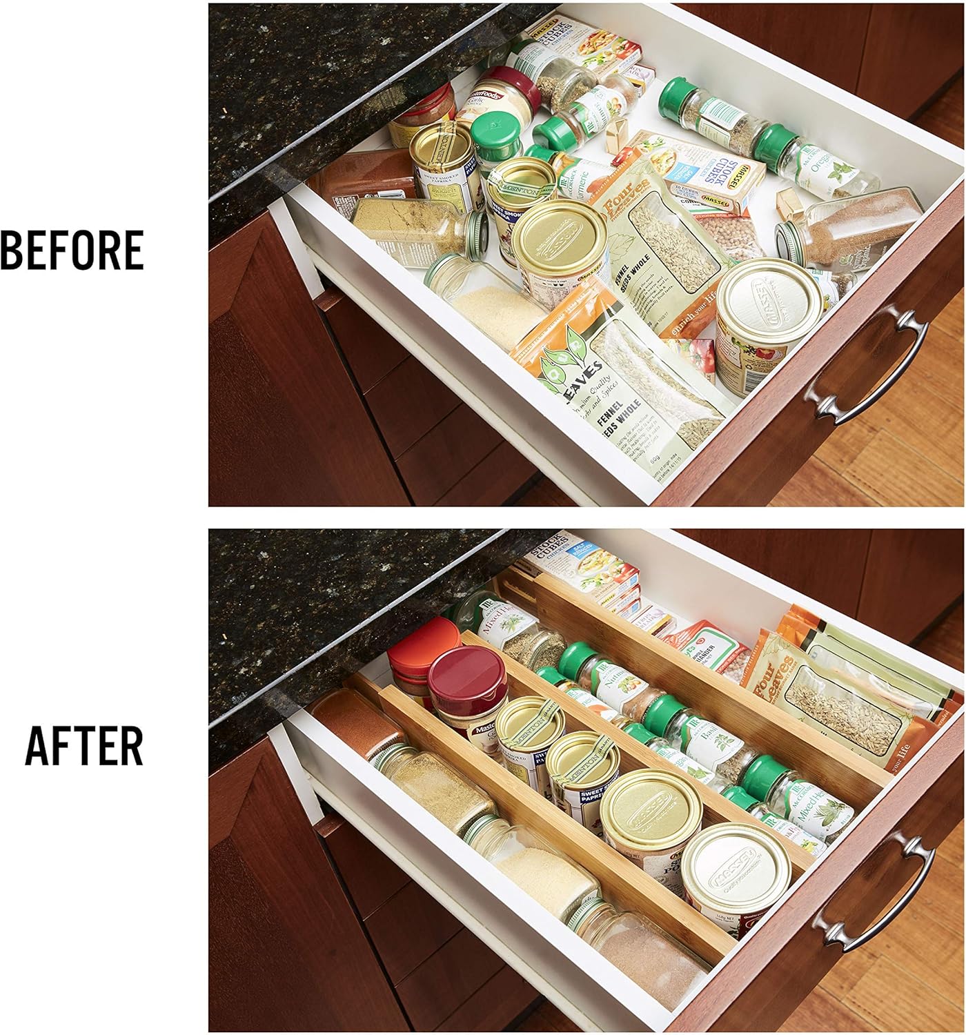Bamboo Kitchen Drawer Organizer Divider Stackable for Deep Drawers. (Set-of- 4) Spring Loaded Dividers that are Expandable & Adjustable. Kitchen Organizer.
