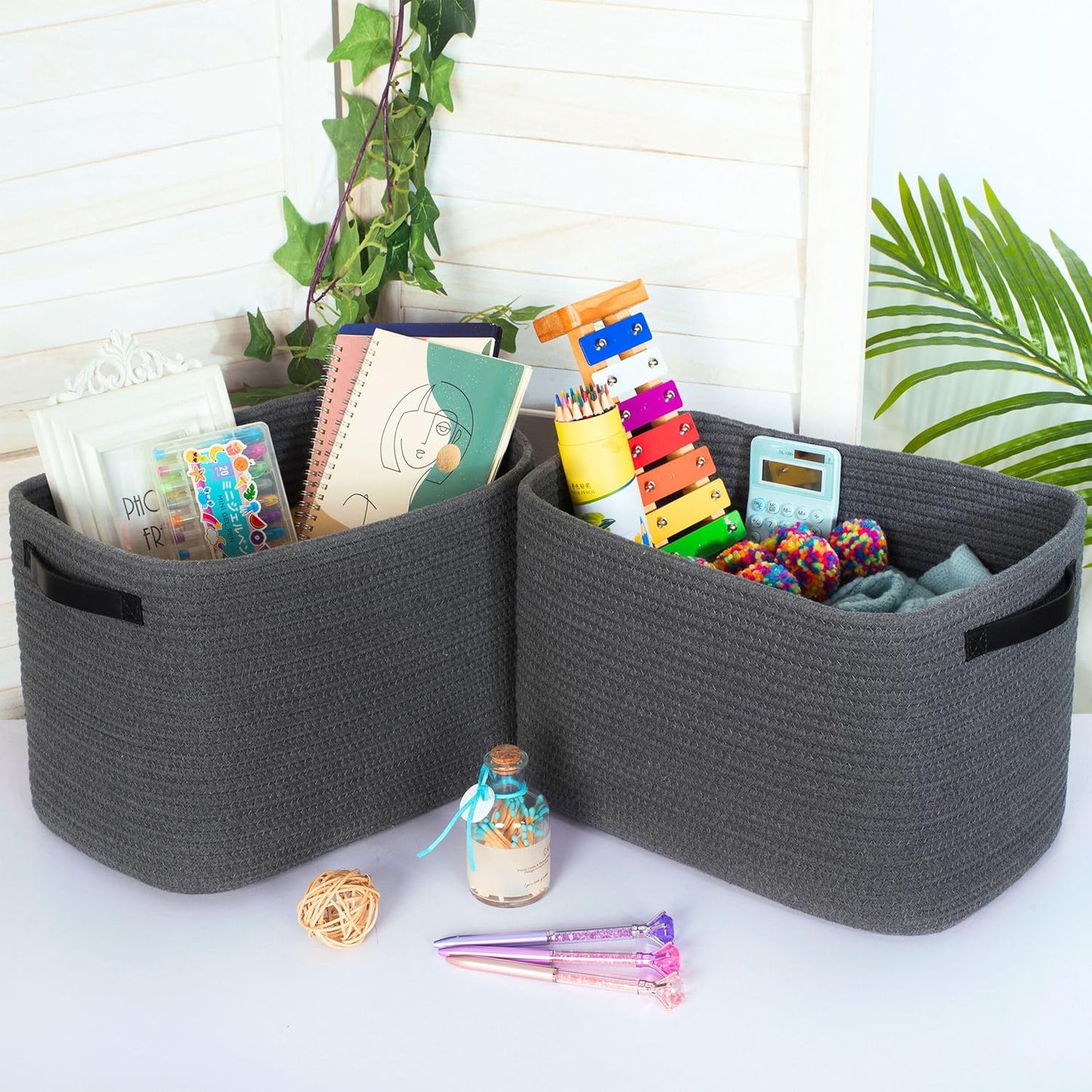 MINTWOOD Design 3-Pack Decorative Woven Storage Baskets for Shelves, Cube Bin Box for Organizing Books, Shoes, Dog Toys, Pantry Closet and Living Room Organizer, Charcoal / Black