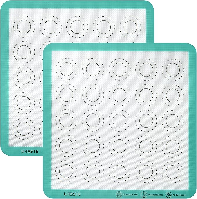 446ºF Heat Resistant Macaron Mat: U-Taste 11x11 Inch Non Stick Silicone Baking Mat, Reusable Cookies Pastry Sheet Liner with Edge Enhancement & Circle Measurement for Square Cake Pan (2 PCS, Aqua Sky)