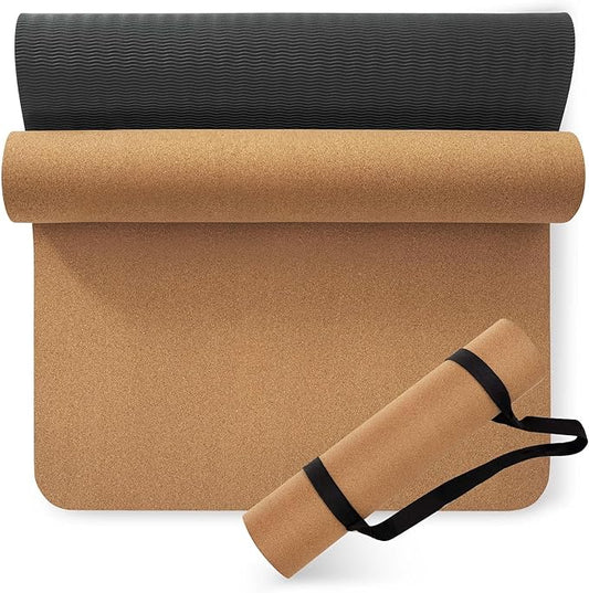 Premium Cork Yoga Mat 1/4 & 2/5 Inch Thick 72 x 26 in, Thick Cork and TPE Non Slip Yoga Mats for Women Men, Sweat Proof Eco-friendly, Great for Hot Yoga & Workouts