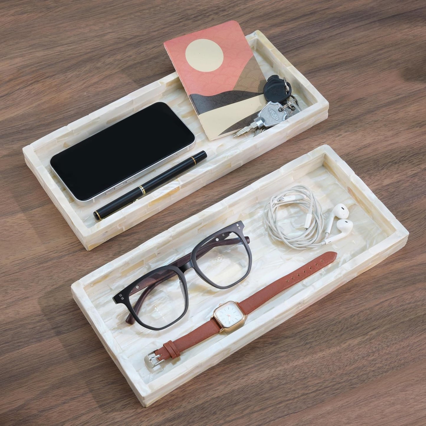 PEMAR Set of 2 Mother of Pearl Vanity Tray for Bathroom Counter, 11" Wooden Organisation Valet Tray for Perfume Makeup Bedroom Dresser Kitchen Sink Countertop Organizer, Toilet Tank (White Tiles)