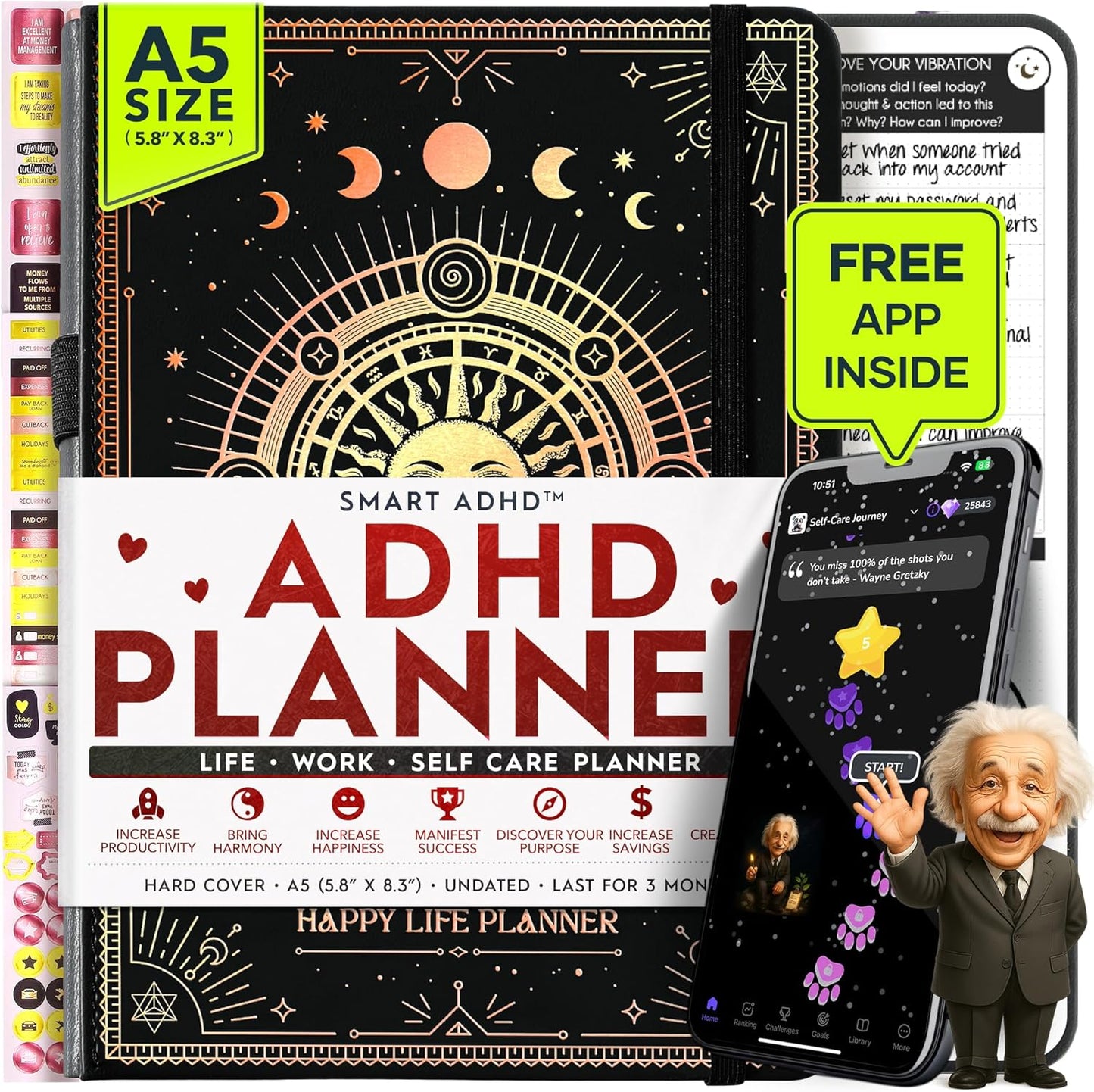 Adhd Daily Planner - A Self Care Personal Gratitude Journal to Increase Productivity and Success in Life & Work, Weekly & Monthly Undated Planner for Women and Men, Vision Board & Organizer + Stickers