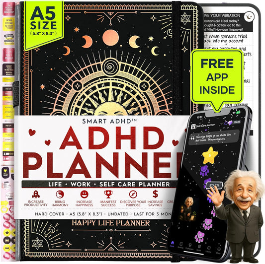 Adhd Daily Planner - A Self Care Personal Gratitude Journal to Increase Productivity and Success in Life & Work, Weekly & Monthly Undated Planner for Women and Men, Vision Board & Organizer + Stickers