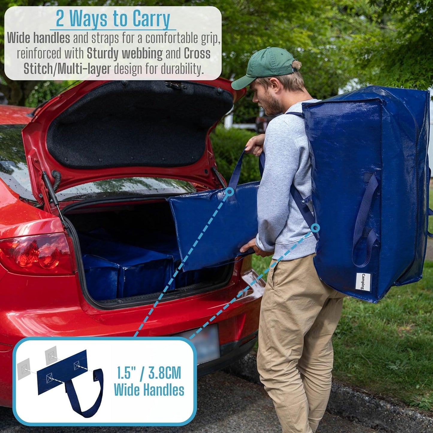 VENO 4 Pack Moving Bags w/Backpack Straps, Heavy Duty, Moving Boxes Alternative, Packing Supplies, Large Storage Totes for Dorm Room Essentials with Zipper for Clothes (Blue, 4 Pack)