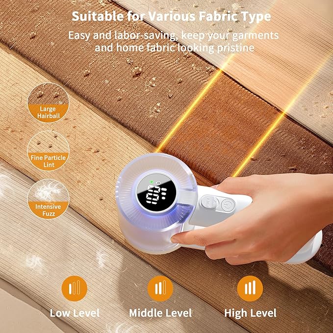 coldSky Electric Fabric Shaver & Lint Remover, Rechargeable Portable 3-Speed LED Digital Display Sweater Defuzzer for Clothes, Sofa, Bedding - Removes Lint, Hairball, Fuzz - White