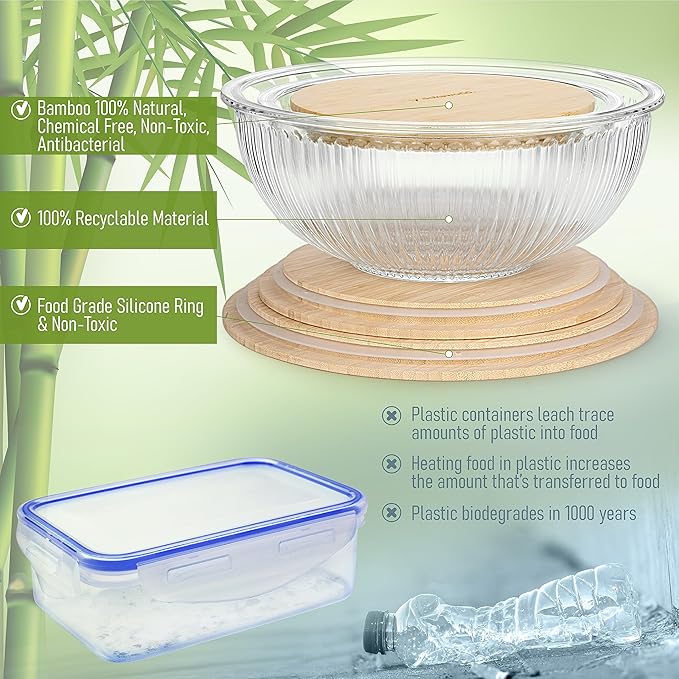 Stackable Space-Saving Nesting Set of 3 Glass Bowls with Bamboo Lids for Foodprep, Storage, Mixing & Cooking - Microwave & Oven Safe BPA Free Durable Heat Resistant Inert Borosilicate Glass