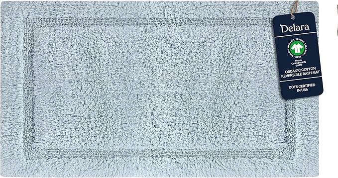 Delara Organic Cotton Reversible Bath Mat – 3000 GSM, GOTS Certified, Ultra-Thick & Super Absorbent | Soft, Plush & Quick-Drying Bathroom Rug (Light Blue, 30x50)