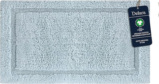 Delara Organic Cotton Reversible Bath Mat – 3000 GSM, GOTS Certified, Ultra-Thick & Super Absorbent | Soft, Plush & Quick-Drying Bathroom Rug (Light Blue, 30x50)