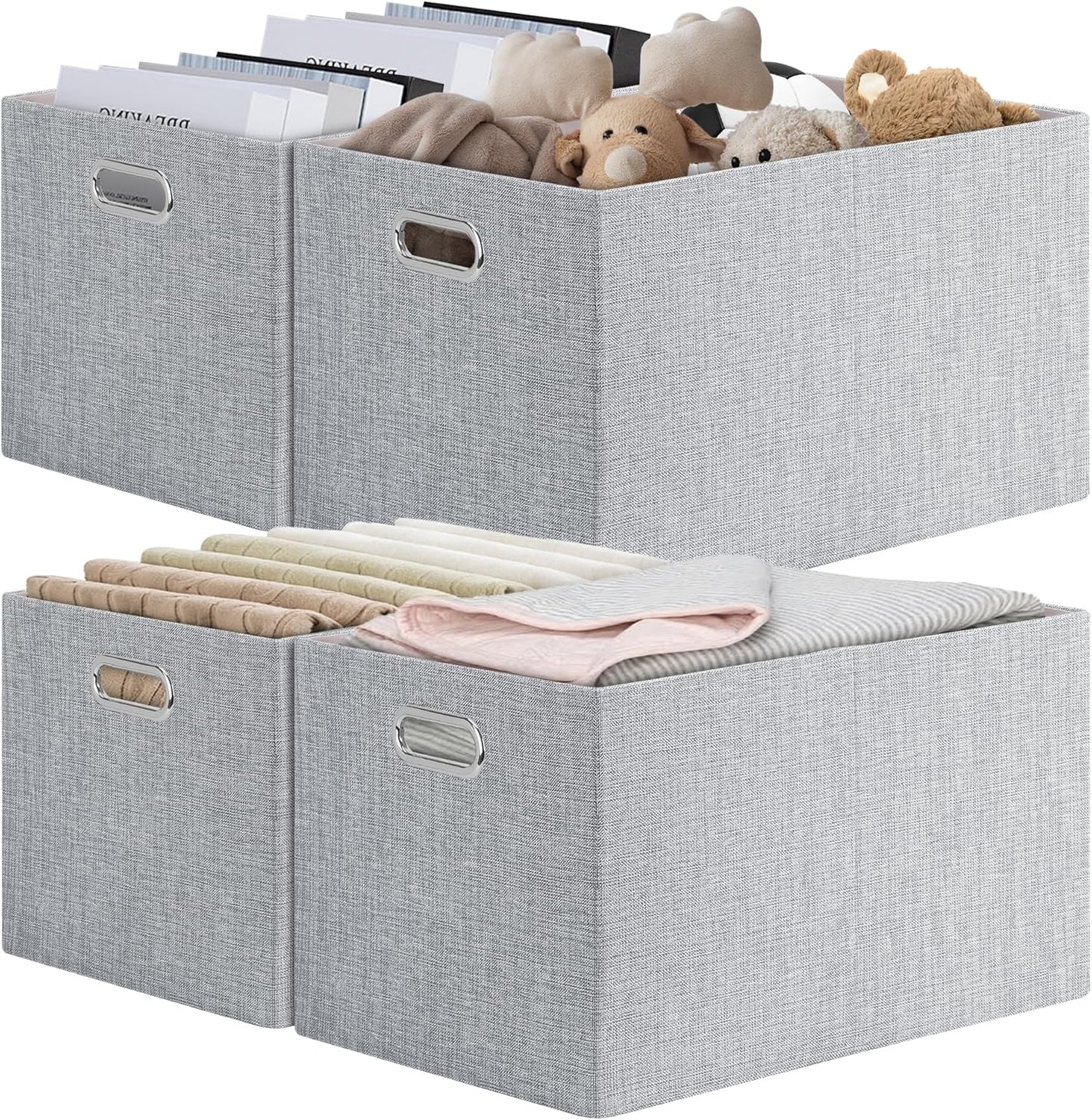 Posprica Closet Organizers and Storage, 4 Pack Large Linen Storage Bins, Decorative Shelf Storage Baskets for Organizing, Foldable Fabric Storage Box for Clothes, Toy, 16.5x12x10.25 Inch(Grey)