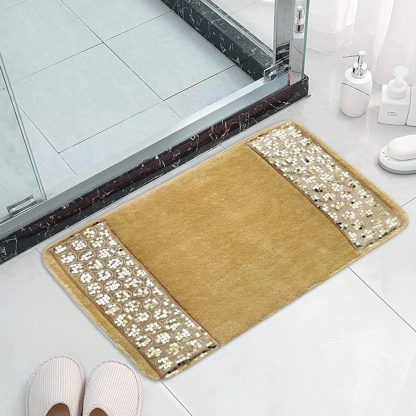 Zahari Home Sinatra Modern Bathroom Rug Classic Luxury Bath Rug Contemporary Decor Champagne Gold Bath Mat for Shower Unique Design Stylish Bathroom Rug Bath Shower Tub Décor