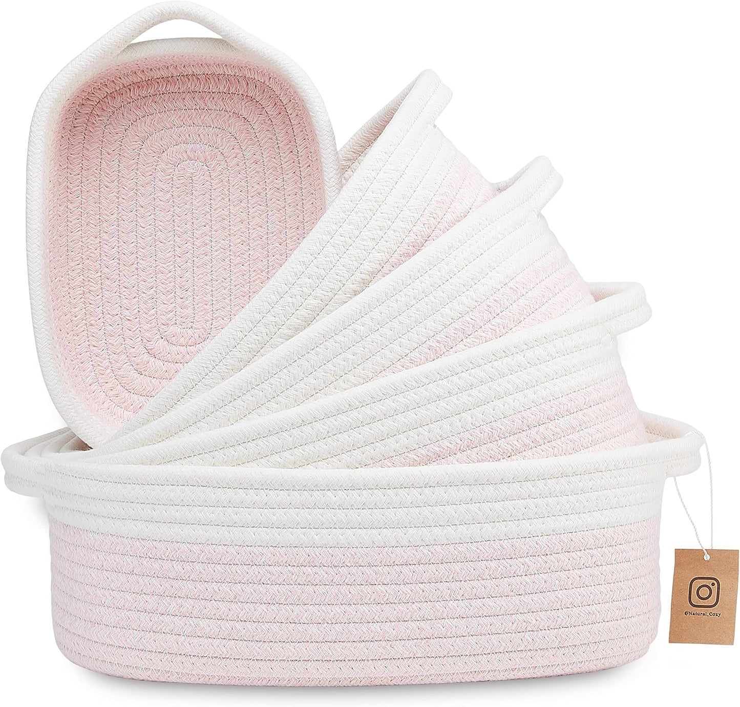 NaturalCozy 5-Piece Rectangle Storage Basket Set- Natural Cotton Rope Woven Baskets for Organizing! Small Basket for Montessori, Baby Nursery, Dog Toy Baskets, Cat Toy Box, Bathroom Organization Bin