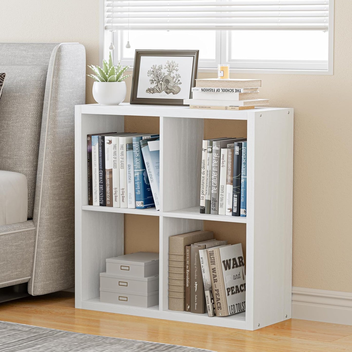 Cube Storage Organizer Bookcase, Decorative 11 inch Open Back Cubical Shelf with Thickened Border, Display Bookshelf for Living Room, Home Office, Sturdy Room (White, 4 Cube)