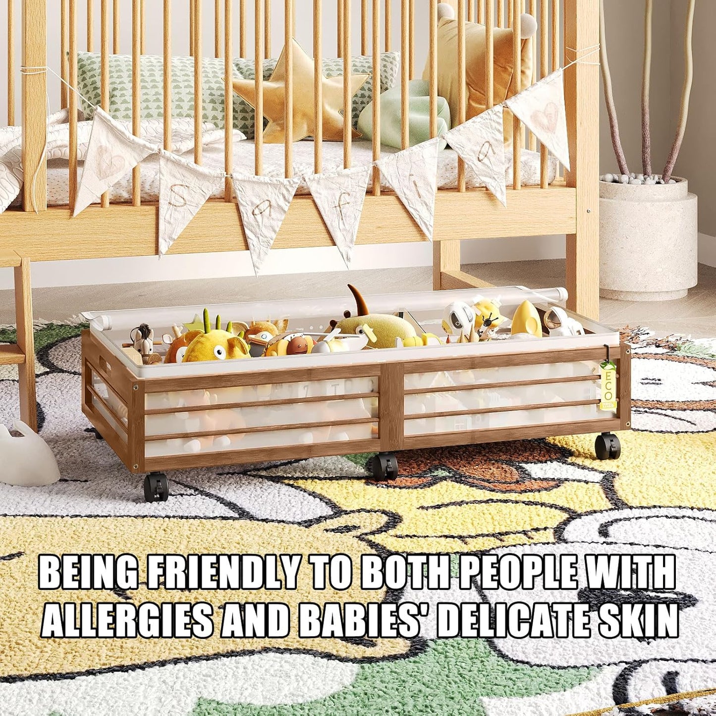 Bamboo Underbed Storage Containers with Wheels & Bag 2 Pack, Large Under Bed Rolling Storage Bins Wood Under Bed Clothes Storage Stackable Drawers for Bedroom Closet Under Crib Toy(Walnut)