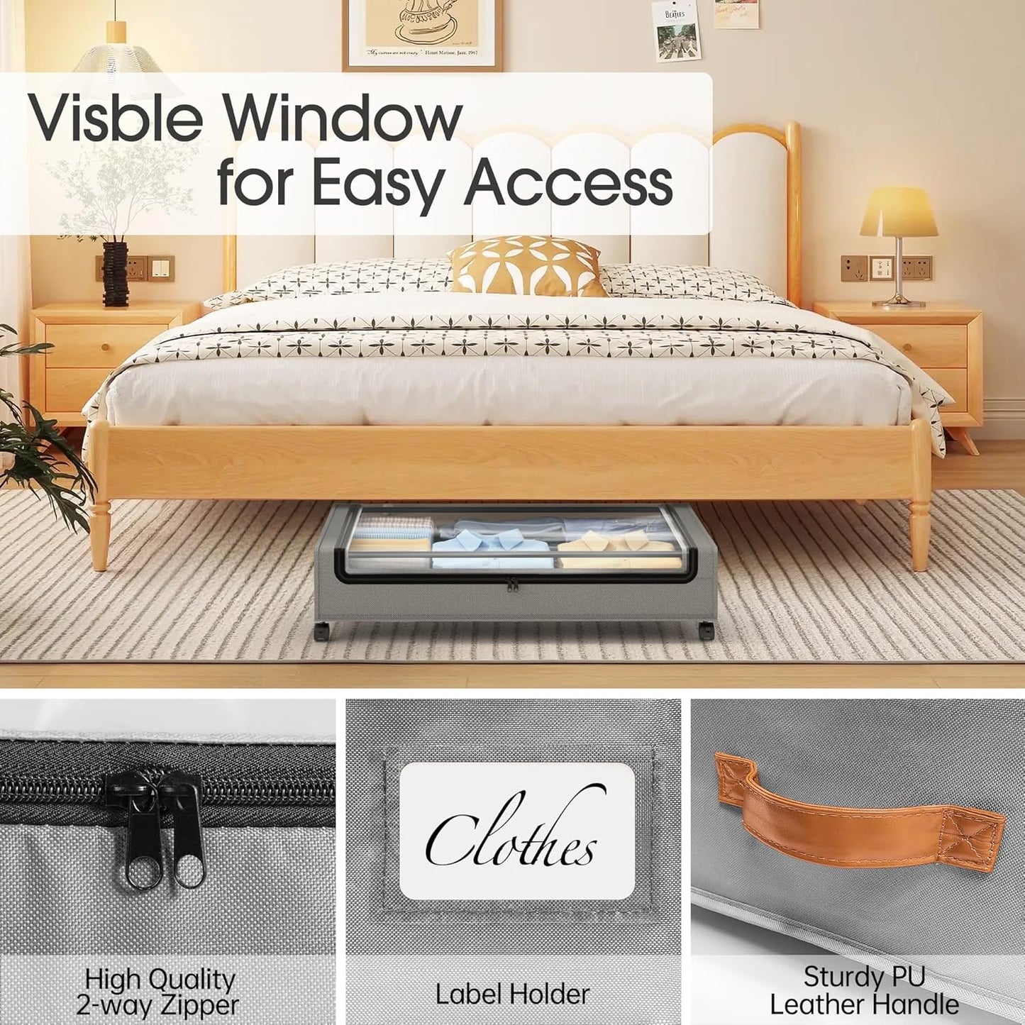 Yecaye Under Bed Storage with Wheels, 2 Pack Under Bed Storage Containers, Large Under Bed Rolling Storage with Clear Window & Label, Bedroom Storage Organizer for Clothes, Shoes, Books, Blankets