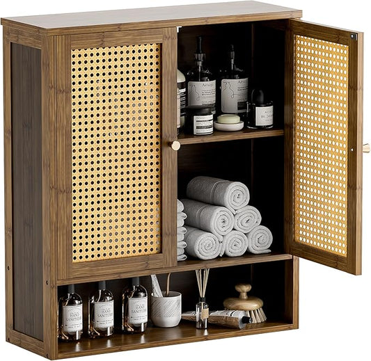 HITNET Bamboo Medicine Cabinet, Wall Mounted Bathroom Cabinet with Adjustable Shelf, Double Rattan Door Hanging Storage Organizer Over Toilet for Entryway, Laundry Room (Walnut)