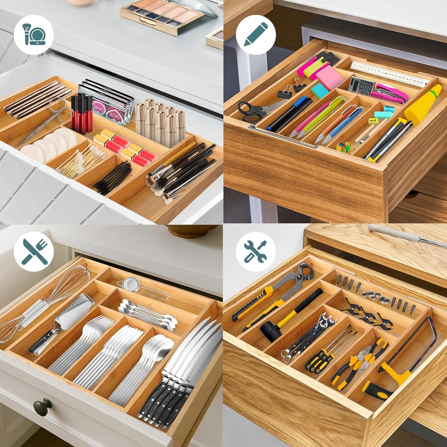 Sben Expandable Drawer Organizer for Utensils Holder, Adjustable Cutlery Tray, Wood Drawer Dividers Organizer for Silverware, Flatware, Knives for Kitchen (Bamboo)