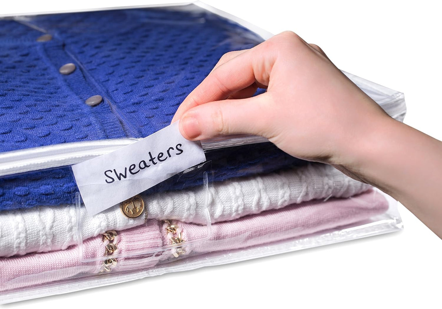 Masirs Clear Sweater Storage Bags (2-Pack) - Zippered Vinyl Organizers with Label Pocket - Protects Clothing from Dust, Dirt & Moisture - Great for Underbed, Shelves, Drawers or Closets
