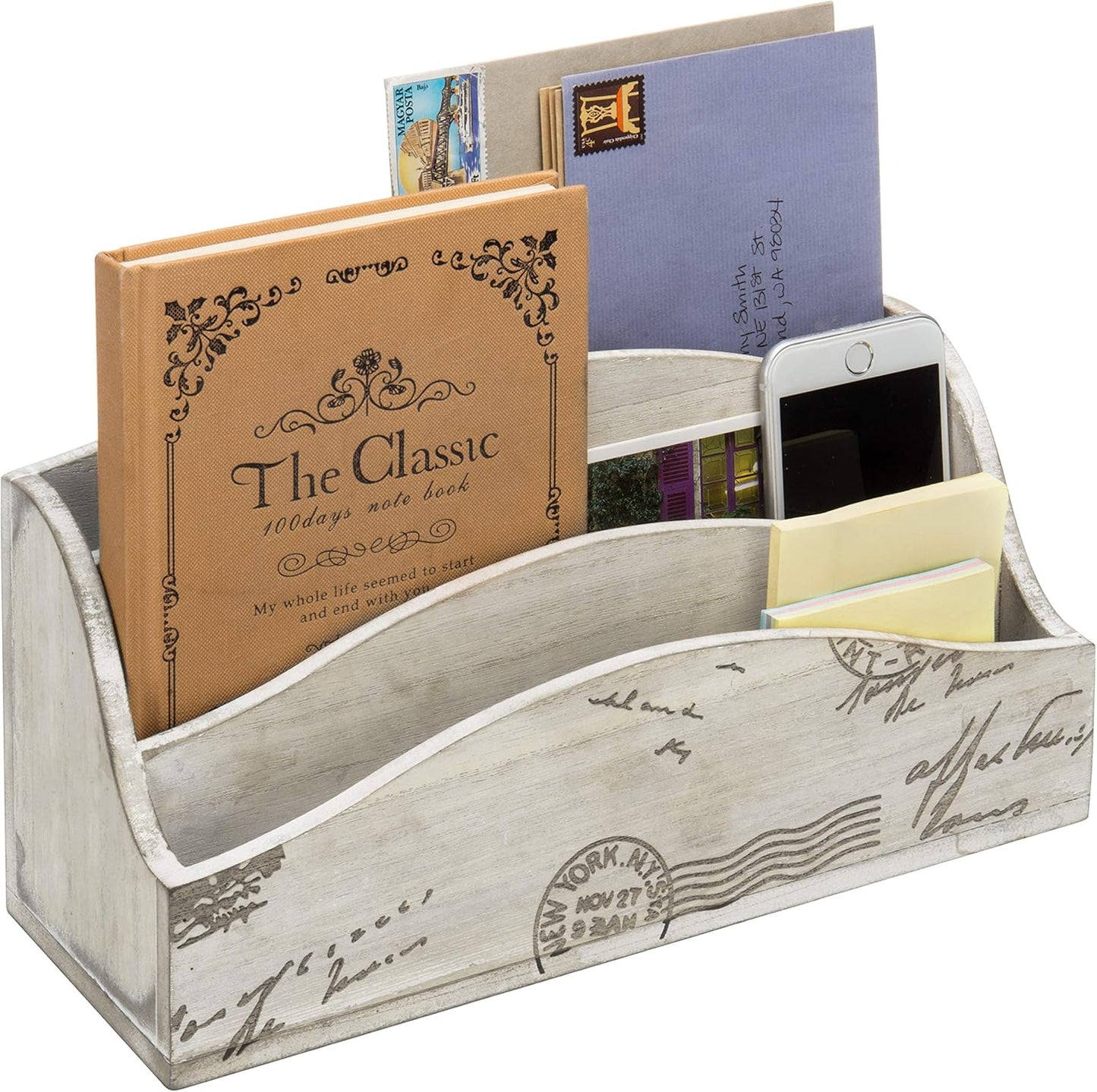 MyGift 3 Slot Vintage Postcard Design Beige Wood Home Countertop Mail Letter Holder, Wooden Office Desk Organizer, File Sorter, Bill Divider, Envelope Storage Bin