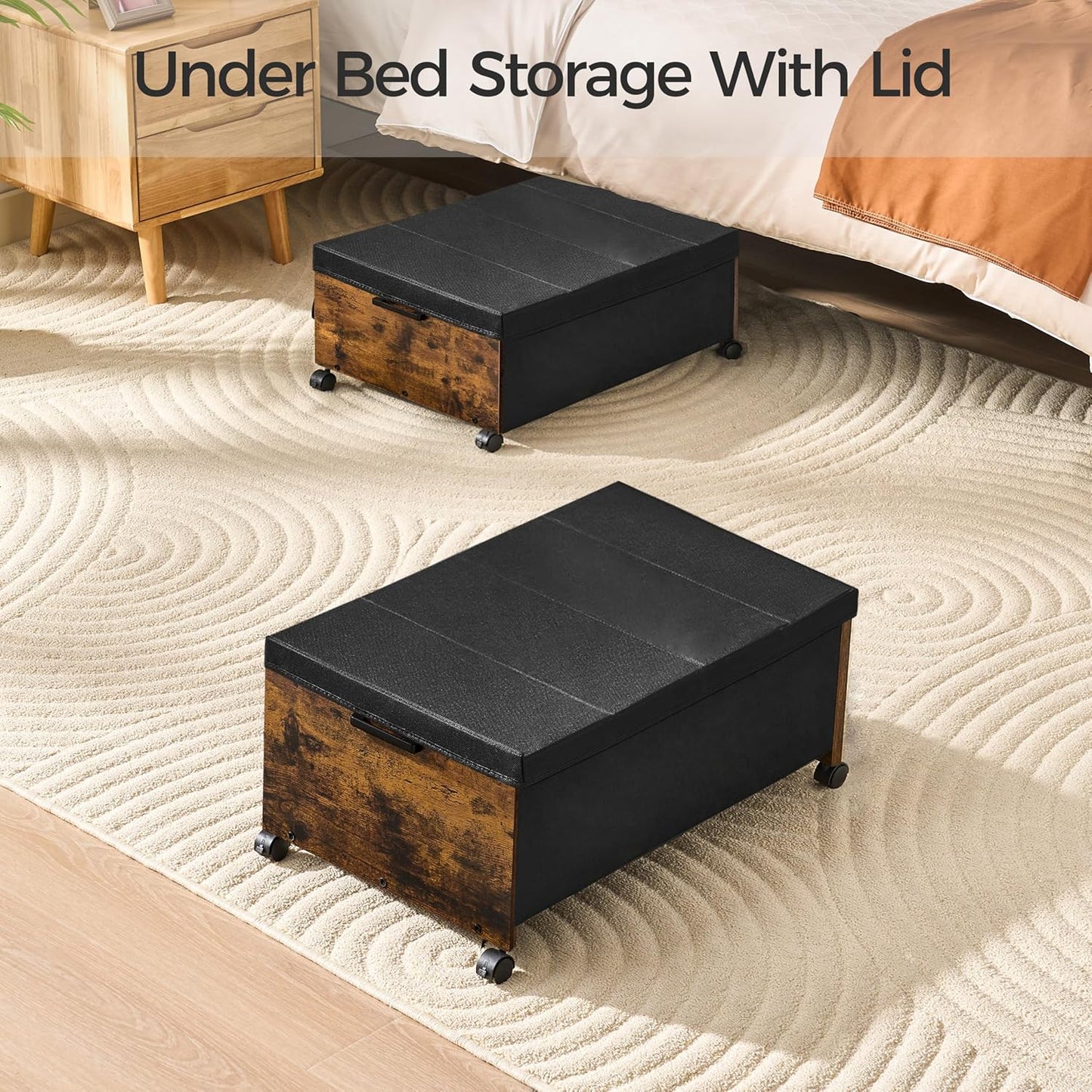 Under Bed Storage with Wheels,Under Bed Drawers Heavy Duty, 2 Packs, Wooden Under Bed Storage Containers Organizer, Metal Frame, Patented Design