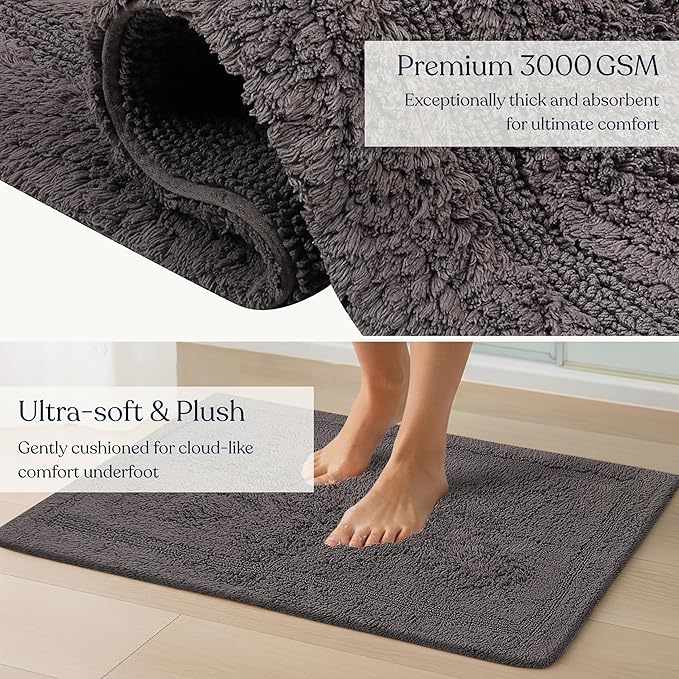 Delara Organic Cotton Reversible Bath Mat – 3000 GSM, GOTS Certified, Ultra-Thick & Super Absorbent | Soft, Plush & Quick-Drying Bathroom Rug (Dark Grey, 24x44)