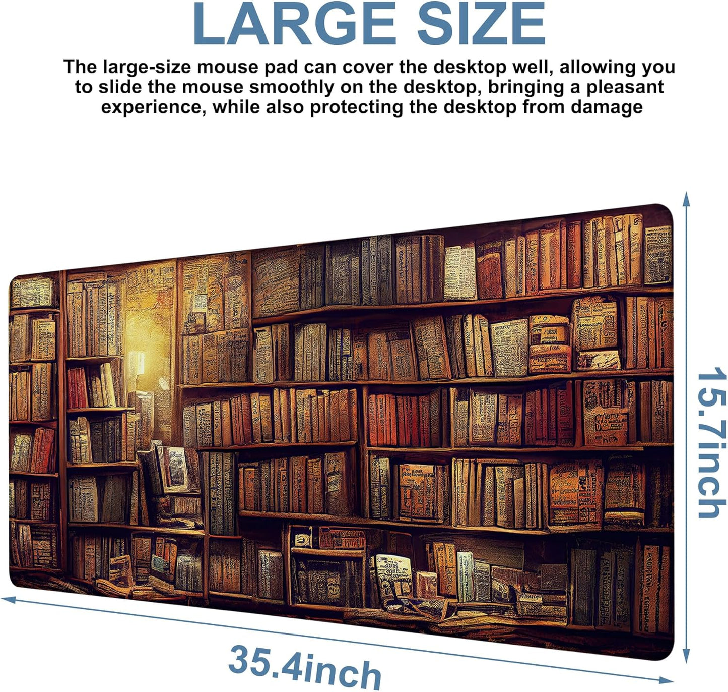 Gaming Desk Pad Large Extra Length Retro Bookshelf Mouse Pad Keyboard Laptop Non-Slip Waterproof with Rubber Base Thick Stitched Edge Mouse Mat for Office Home 35.4 x 15.7 Inches