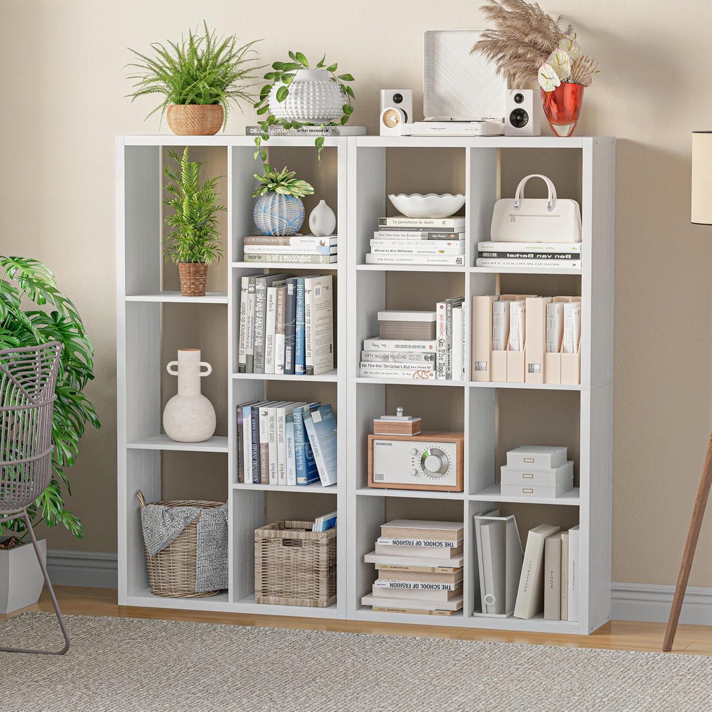 Cube Storage Organizer Bookcase, Decorative 11 inch Open Back Cubical Shelf with Thickened Border, Display Bookshelf for Living Room, Home Office, Sturdy Room (White, 7 Cube)