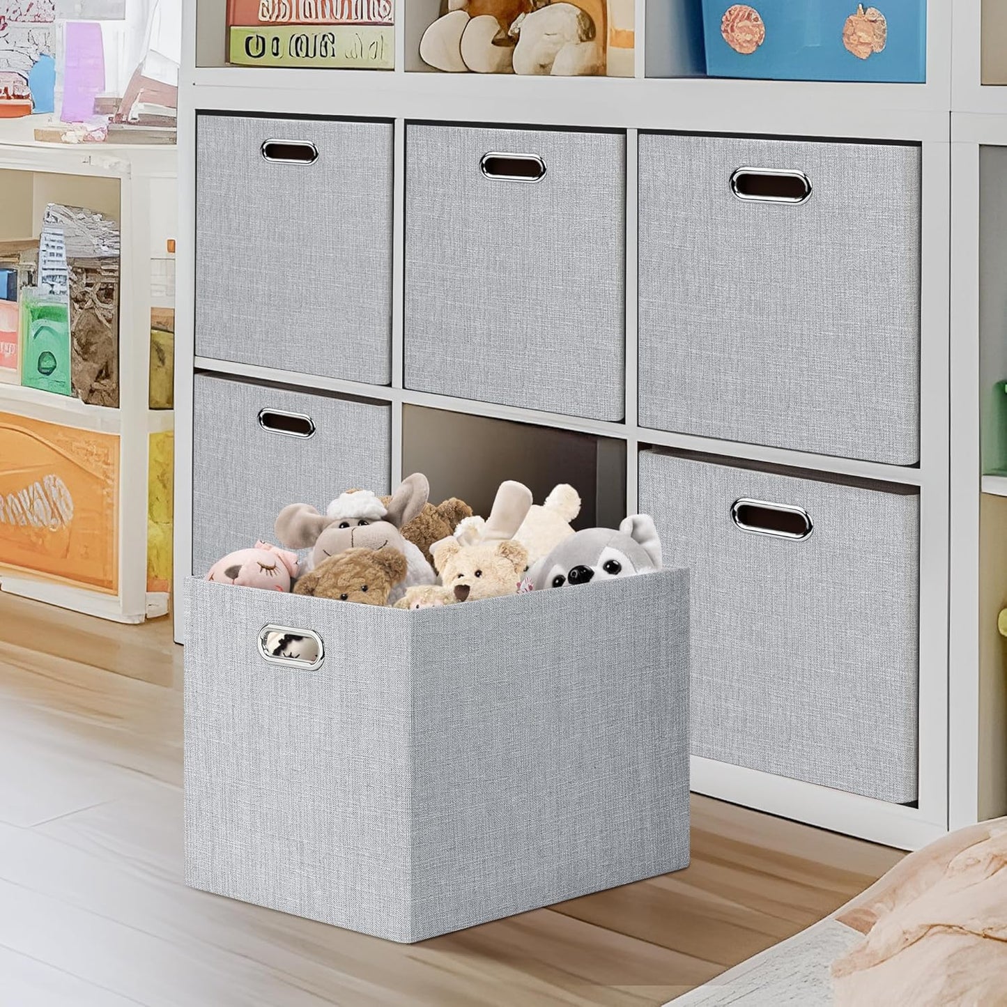 Posprica 15.12"x12.13"x12.01" Storage Cube Bins, Linen Decorative Closet Storage Organizer for IKEA Kallax, 4 Pack Fabric Foldable Large Storage Baskets for Closet, Shelves, Clothes, Toy(Grey)