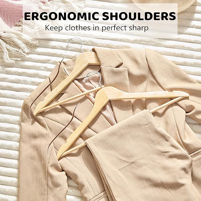 Wooden Hangers 20 Pack, Durable Wood Hangers with 360° Swivel Hook & Notches, Slim Coat Hanger Wooden for Closet, Natural