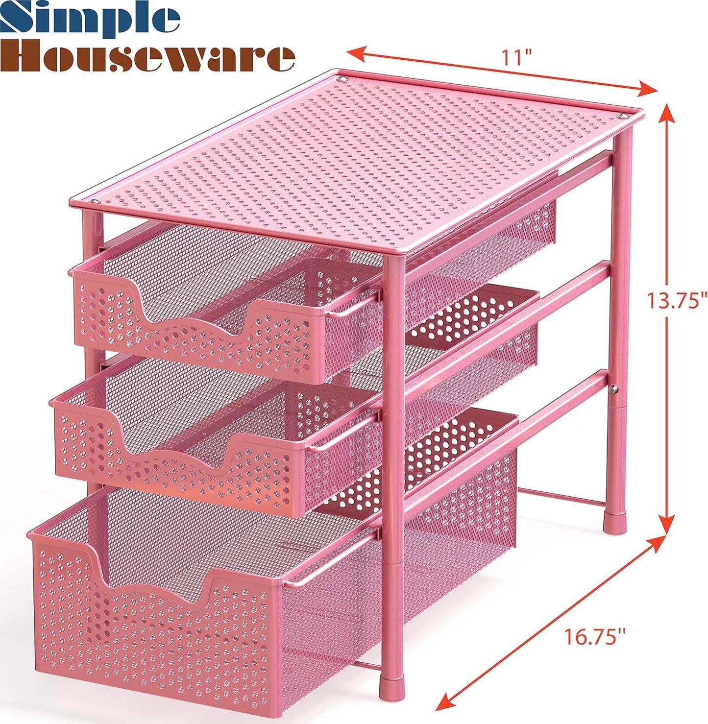 Simple Houseware Stackable 3 Tier Sliding Basket Organizer Drawer, Pink