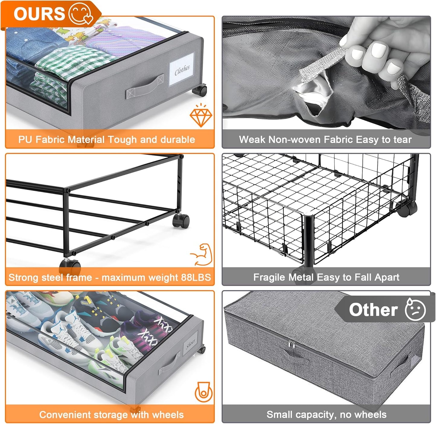 Under Bed Storage with Wheels, 2 Pack Under Bed Storage Containers with Dividers & Clear Lids, XXL 65L Under the bed storage Organizer Bins, Underbed Storage with Wheels for Clothes (Gray, 2 Pack)