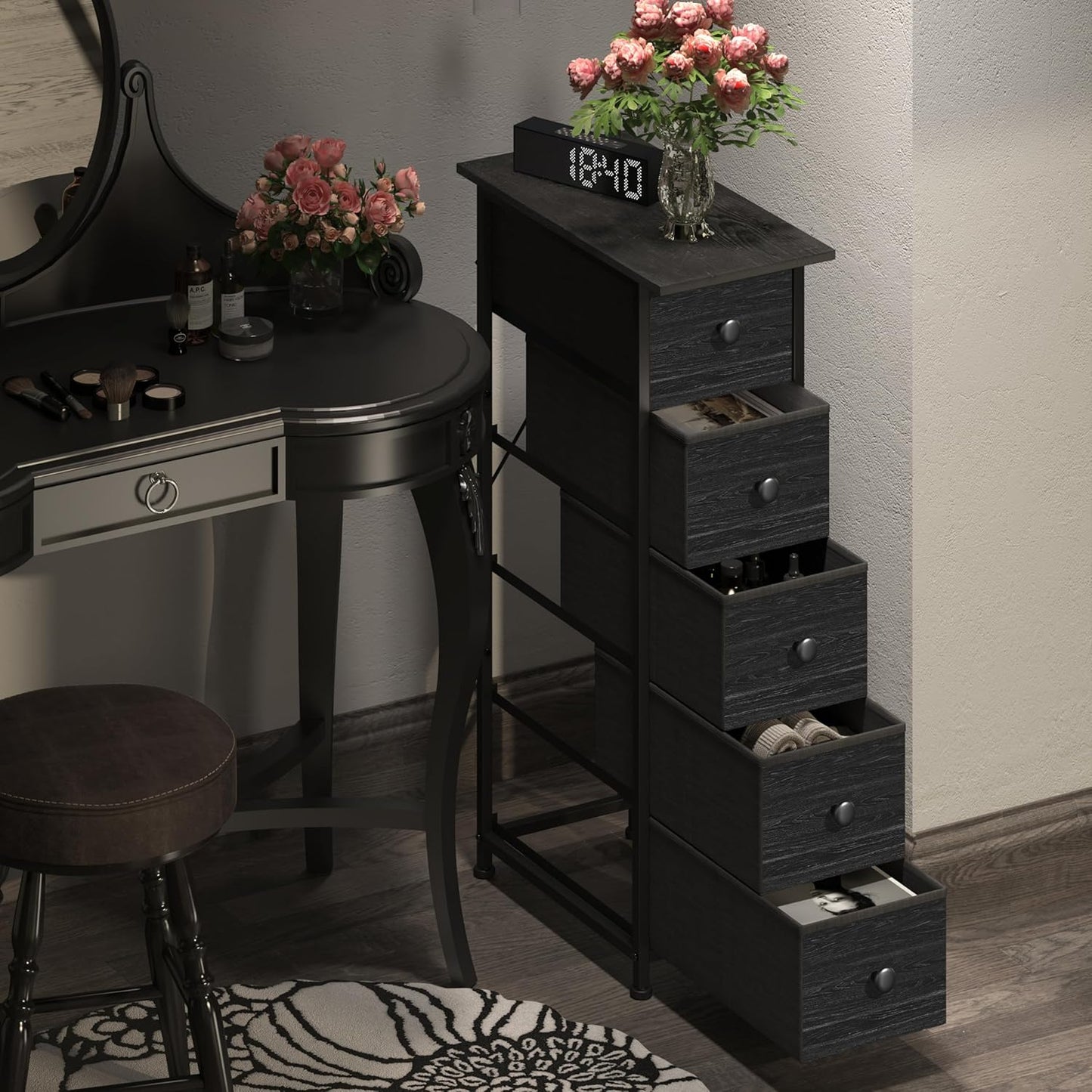 GiftGo Narrow Dresser Vertical Slim Dresser Chest of Drawers Skinny Storage Tower for Small Spaces Gaps Closet Bedroom Bathroom Small Fabric Drawer Unit (Charcoal Black, 5 Drawers)