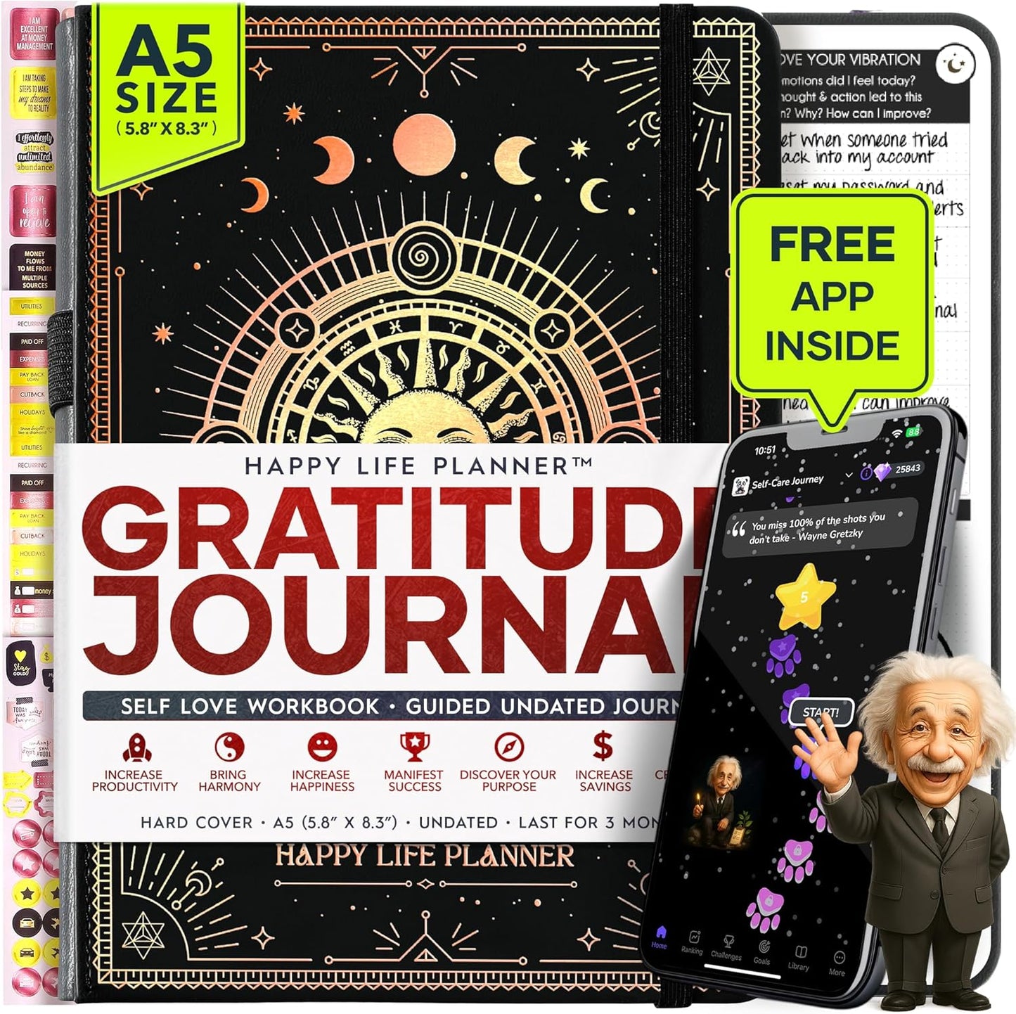 Gratitude Journal for Women & Men - 5 Minute Self Care Journal | 90-Day Undated Daily Planner for Positivity, Affirmations & Manifestation | Guided Mindfulness, Reflection | Vision Board + Stickers