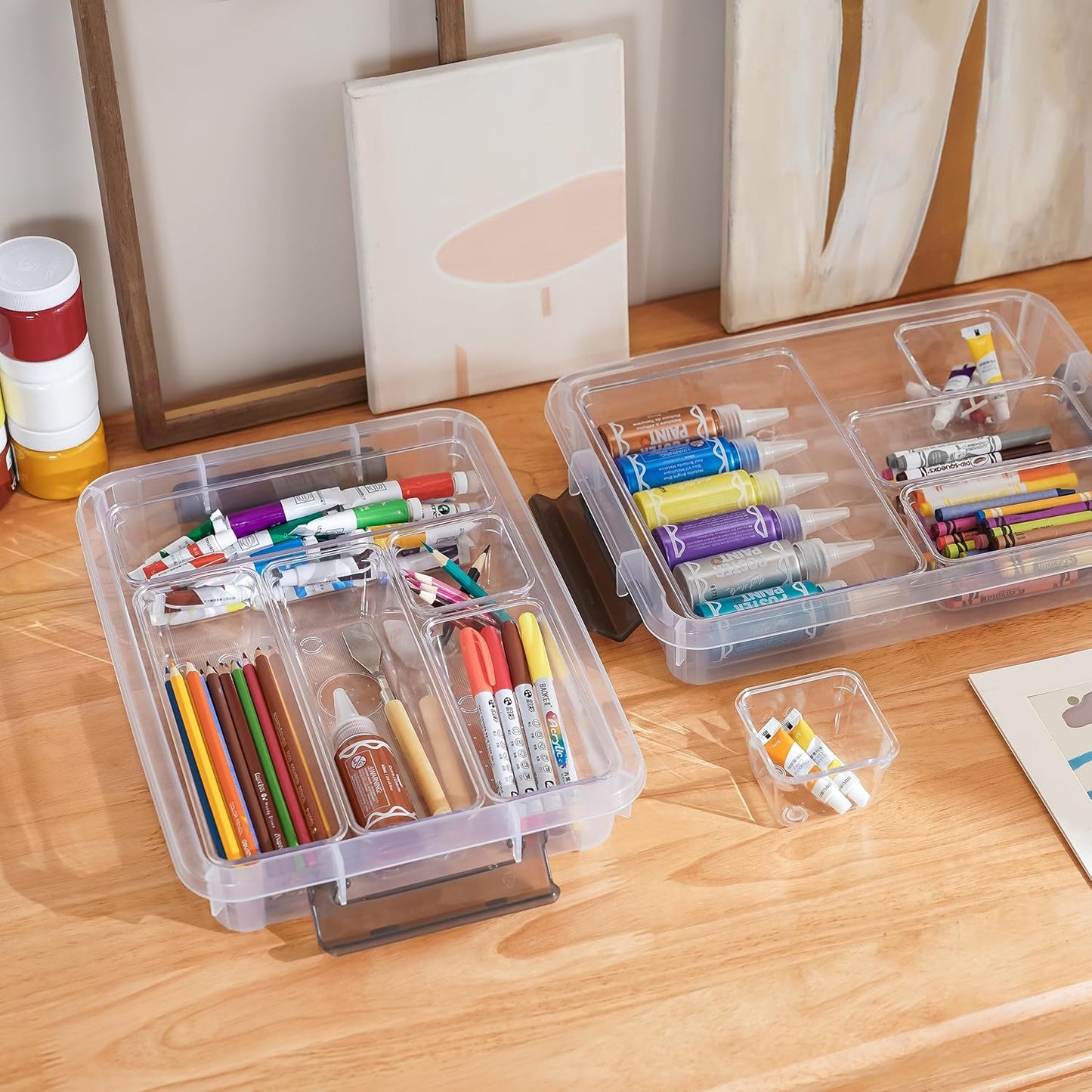 Citylife 4PCS Plastic Storage Bins with Organizer Tray, Stackable Clear File Box, Versatile Craft Storage for Office, Kitchen, Bathroom and School Supplies, 24-pack