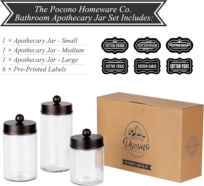 Apothecary Jars 3 Pack - Glass Bathroom Containers with Stainless Steel Lids - Rustic Farmhouse Decor Bathroom Accessories, Vanity Organizer Apothecary Jars for Qtip/Cotton Balls (Bronze)